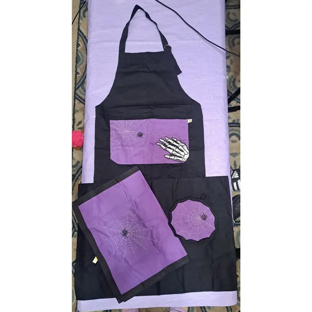 4 piece Spider Web Purple & Black Halloween Kitchen Apron & Pot Holder Set